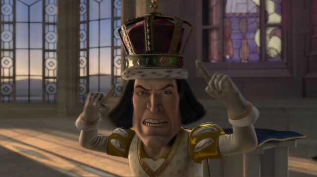 Lord Farquaad with a crown on his head, from the movie Shrek